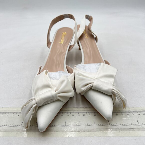 White Bowknot Pointed Toe Slingback Sandals Kitten Low Heel Slip on Elegant Shoe - Picture 3 of 8
